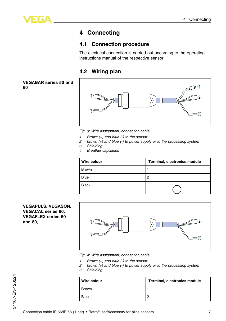 4 connecting, 1 connection procedure, 2 wiring plan | 4connecting | VEGA Connection cable IP 66_IP 68 (1 bar) User Manual | Page 7 / 16