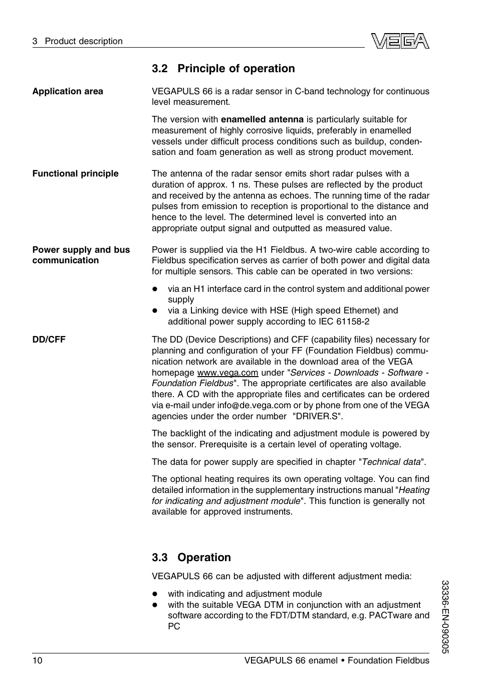 2 principle of operation, 3 operation | VEGA VEGAPULS 66 (≥ 2.0.0 - ≤ 3.8) enamel Foundation Fieldbus User Manual | Page 10 / 68