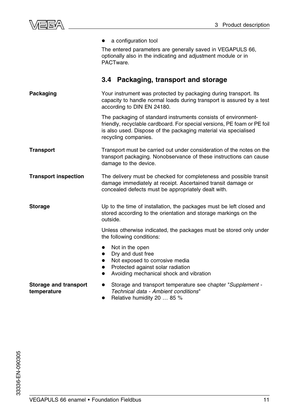 4 packaging, transport and storage | VEGA VEGAPULS 66 (≥ 2.0.0 - ≤ 3.8) enamel Foundation Fieldbus User Manual | Page 11 / 68