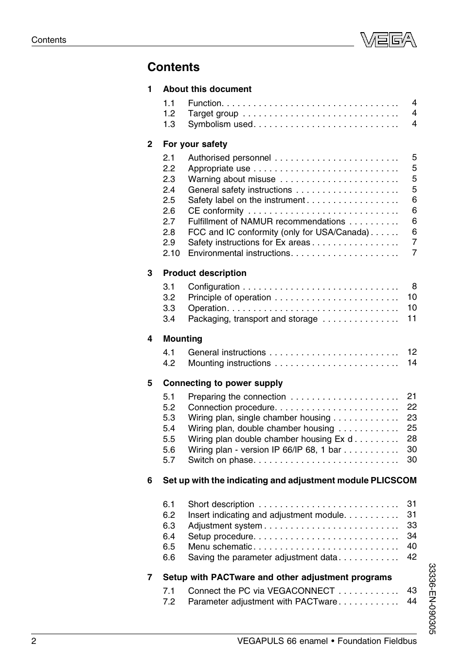 VEGA VEGAPULS 66 (≥ 2.0.0 - ≤ 3.8) enamel Foundation Fieldbus User Manual | Page 2 / 68