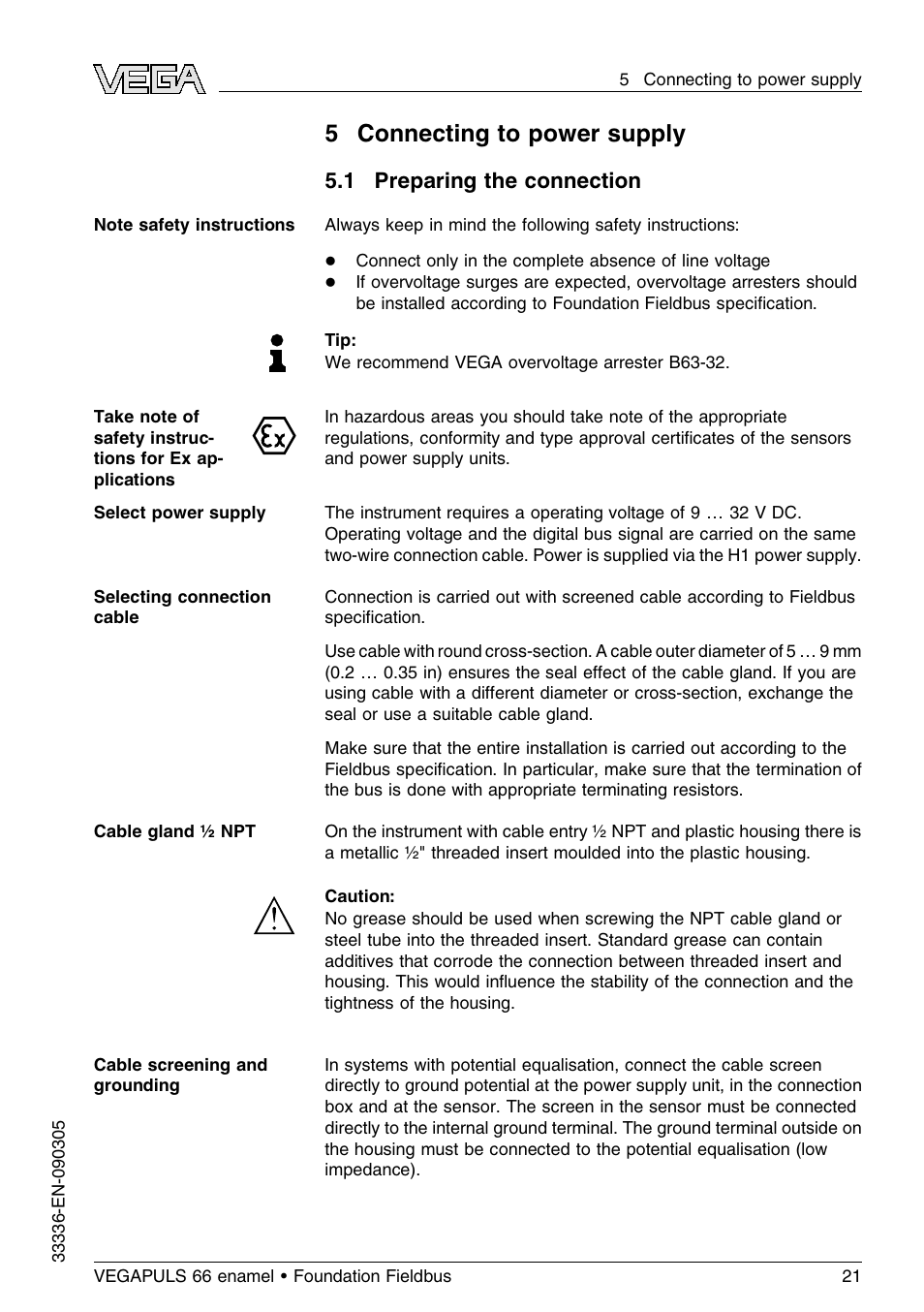 5 connecting to power supply, 1 preparing the connection | VEGA VEGAPULS 66 (≥ 2.0.0 - ≤ 3.8) enamel Foundation Fieldbus User Manual | Page 21 / 68