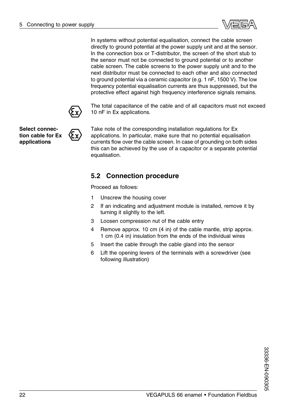 2 connection procedure | VEGA VEGAPULS 66 (≥ 2.0.0 - ≤ 3.8) enamel Foundation Fieldbus User Manual | Page 22 / 68