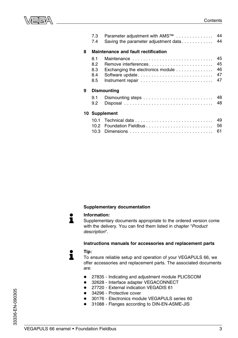 VEGA VEGAPULS 66 (≥ 2.0.0 - ≤ 3.8) enamel Foundation Fieldbus User Manual | Page 3 / 68