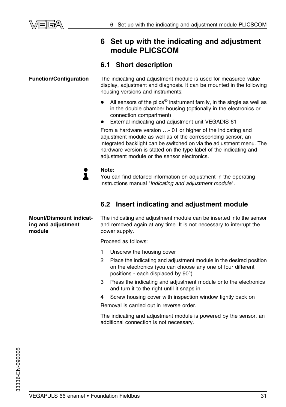 1 short description, 2 insert indicating and adjustment module | VEGA VEGAPULS 66 (≥ 2.0.0 - ≤ 3.8) enamel Foundation Fieldbus User Manual | Page 31 / 68