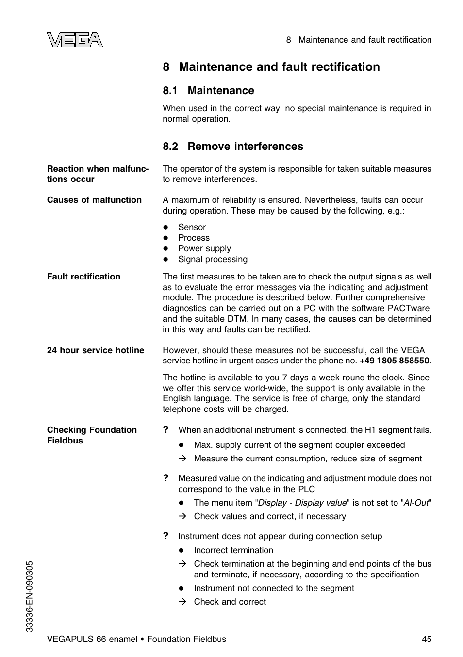 8 maintenance and fault rectification, 1 maintenance, 2 remove interferences | 8 maintenance and fault rectiﬁcation | VEGA VEGAPULS 66 (≥ 2.0.0 - ≤ 3.8) enamel Foundation Fieldbus User Manual | Page 45 / 68