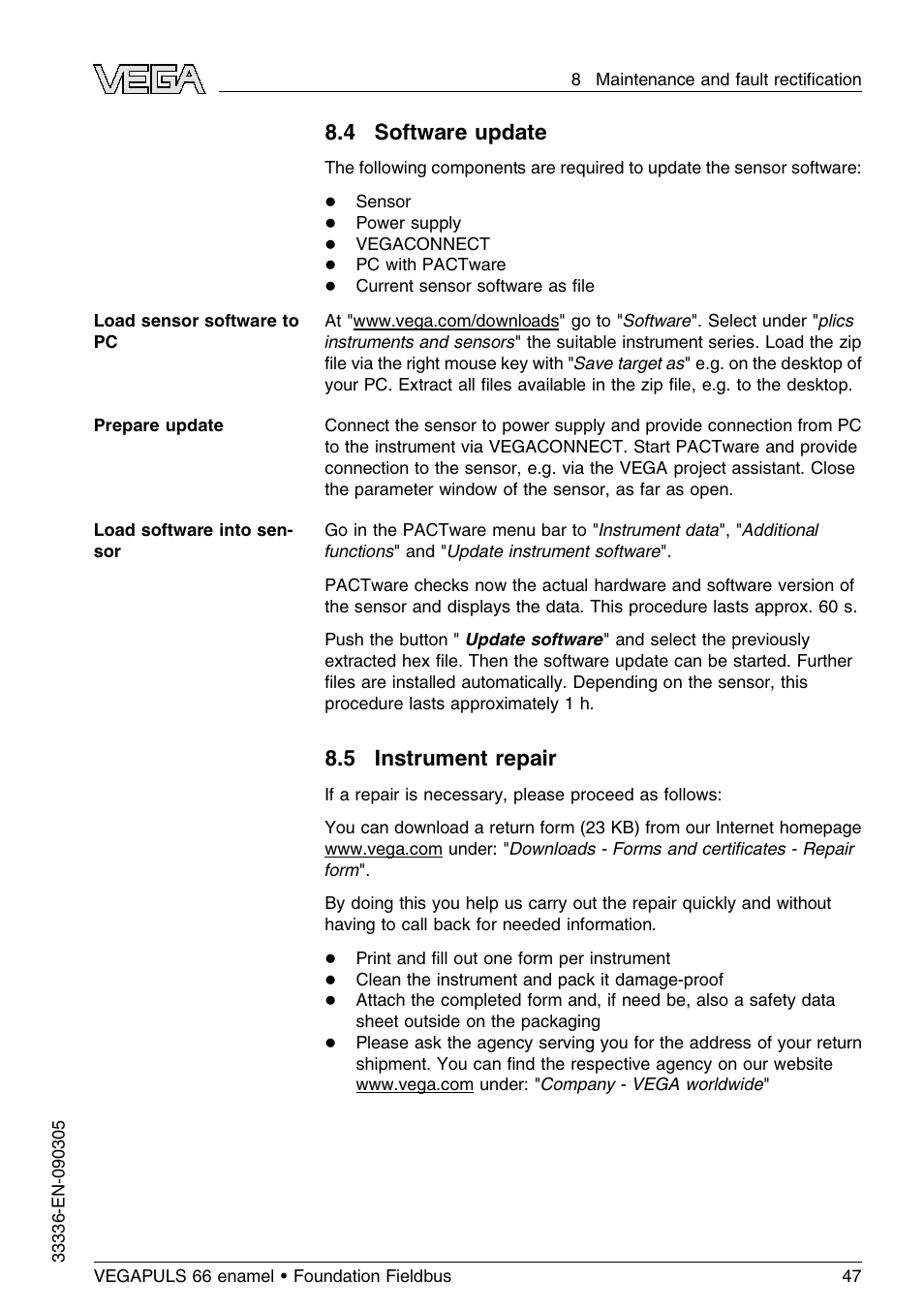4 software update, 5 instrument repair | VEGA VEGAPULS 66 (≥ 2.0.0 - ≤ 3.8) enamel Foundation Fieldbus User Manual | Page 47 / 68