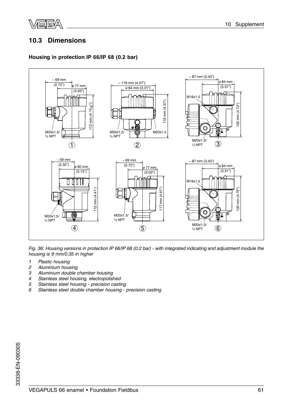 3 dimensions | VEGA VEGAPULS 66 (≥ 2.0.0 - ≤ 3.8) enamel Foundation Fieldbus User Manual | Page 61 / 68