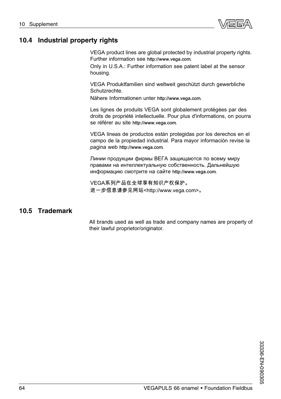 4 industrial property rights, 5 trademark | VEGA VEGAPULS 66 (≥ 2.0.0 - ≤ 3.8) enamel Foundation Fieldbus User Manual | Page 64 / 68