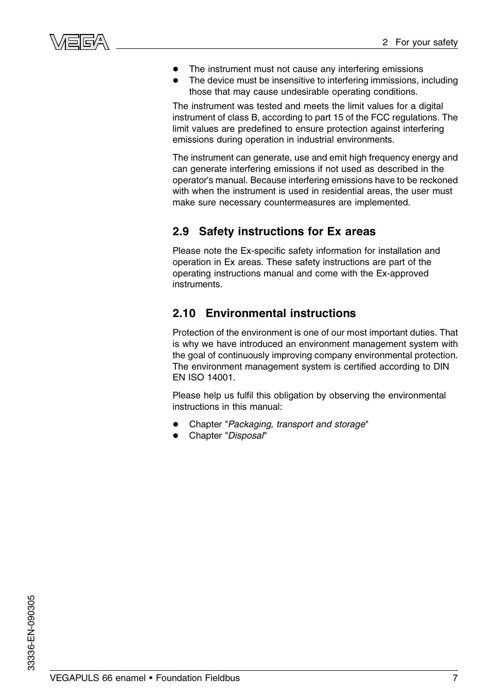 9 safety instructions for ex areas, 10 environmental instructions | VEGA VEGAPULS 66 (≥ 2.0.0 - ≤ 3.8) enamel Foundation Fieldbus User Manual | Page 7 / 68