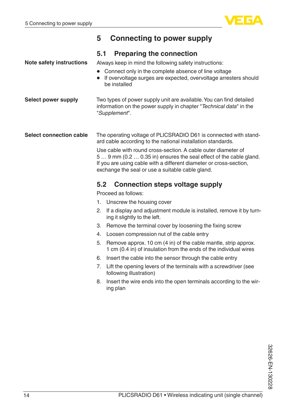 5 connecting to power supply | VEGA PLICSRADIO R61 Wireless indicating unit User Manual | Page 14 / 36