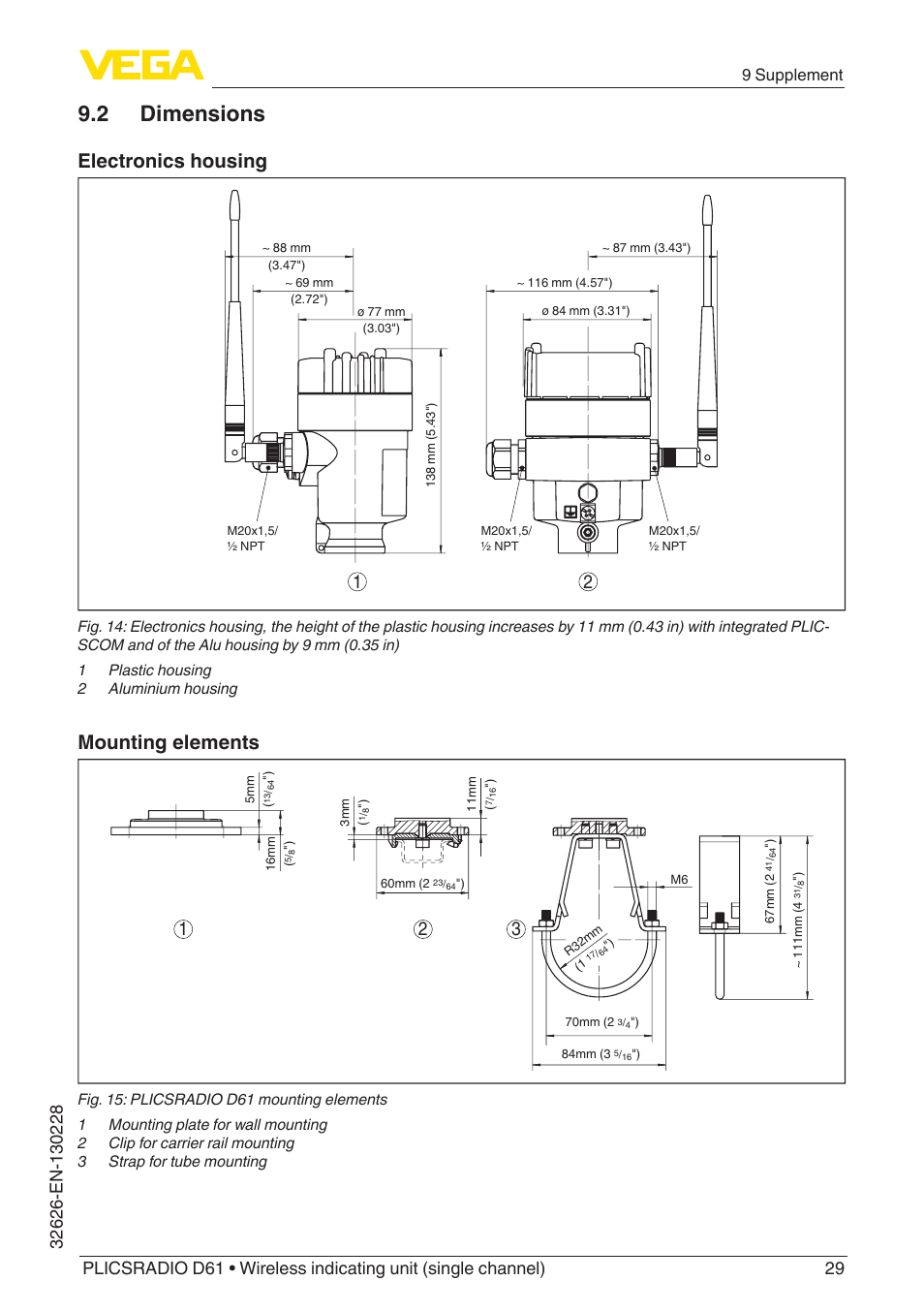 2 dimensions, Electronics housing, Mounting elements | 9 supplement | VEGA PLICSRADIO R61 Wireless indicating unit User Manual | Page 29 / 36