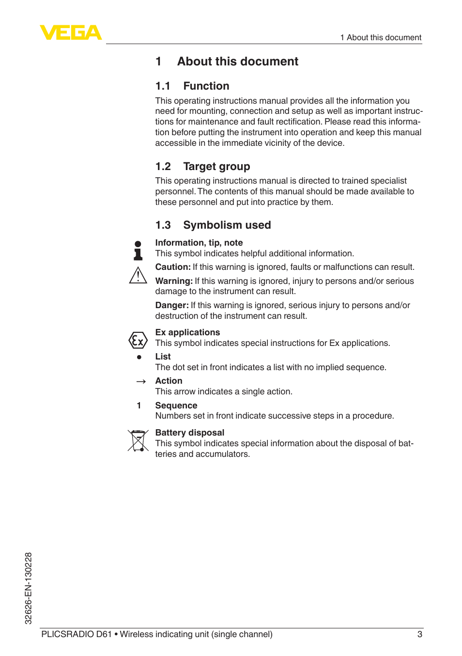1 about this document | VEGA PLICSRADIO R61 Wireless indicating unit User Manual | Page 3 / 36