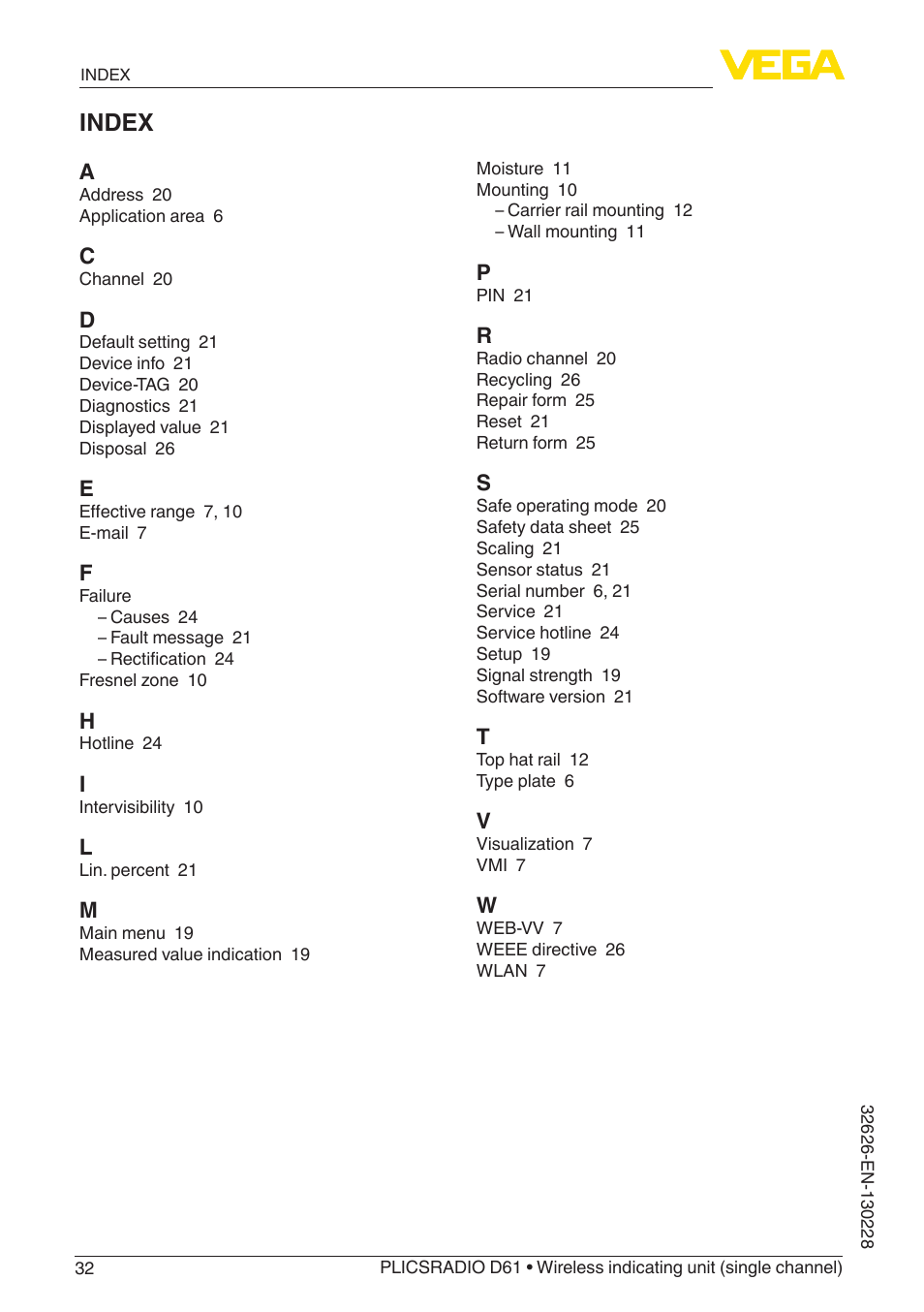 Index | VEGA PLICSRADIO R61 Wireless indicating unit User Manual | Page 32 / 36