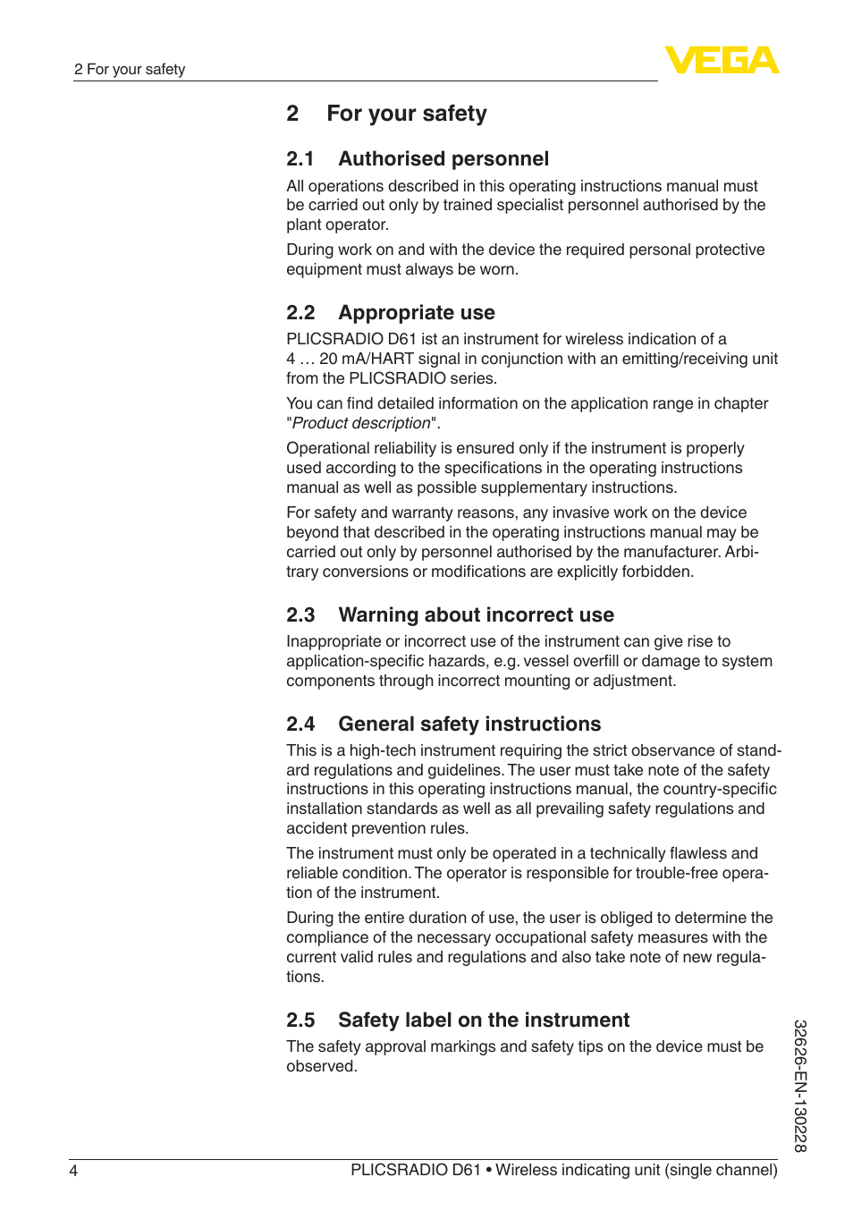 2 for your safety | VEGA PLICSRADIO R61 Wireless indicating unit User Manual | Page 4 / 36