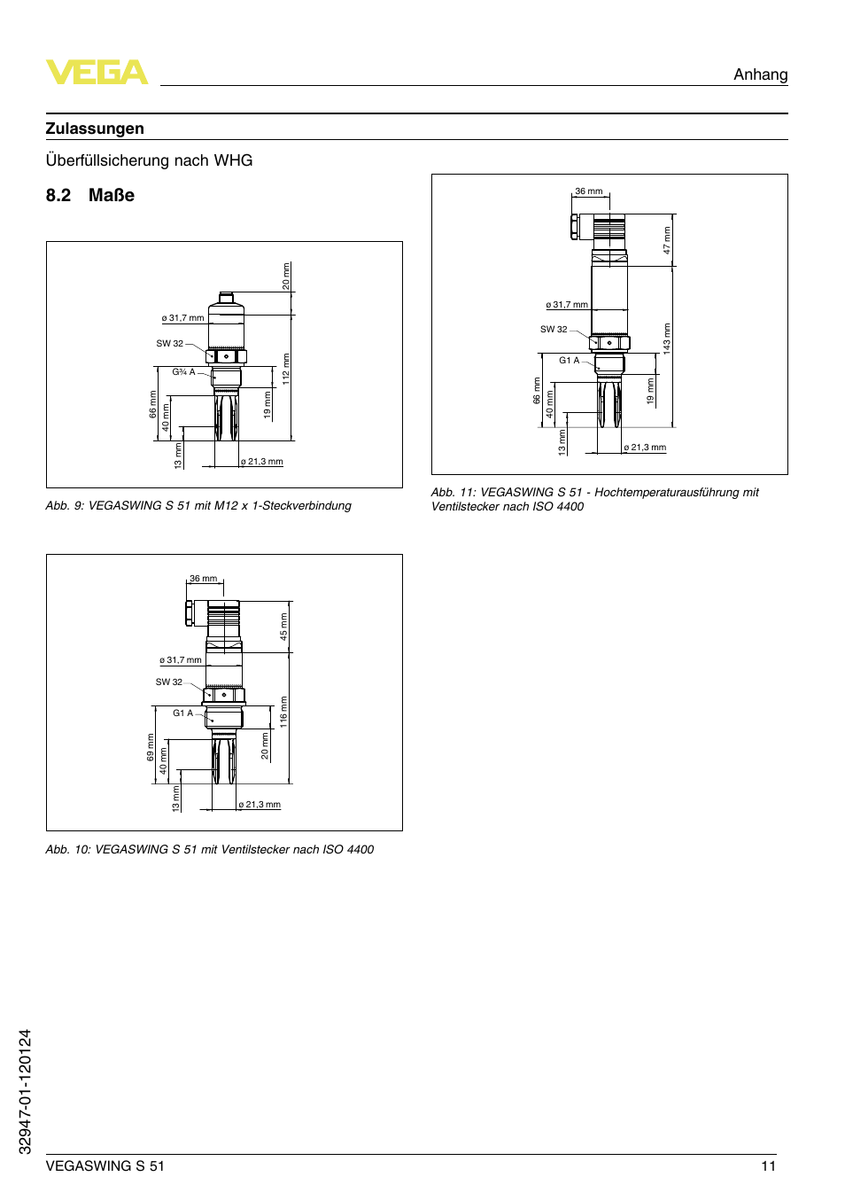 2 maße, Zulassungen überfüllsicherung nach whg | VEGA VEGASWING S 51 User Manual | Page 11 / 48