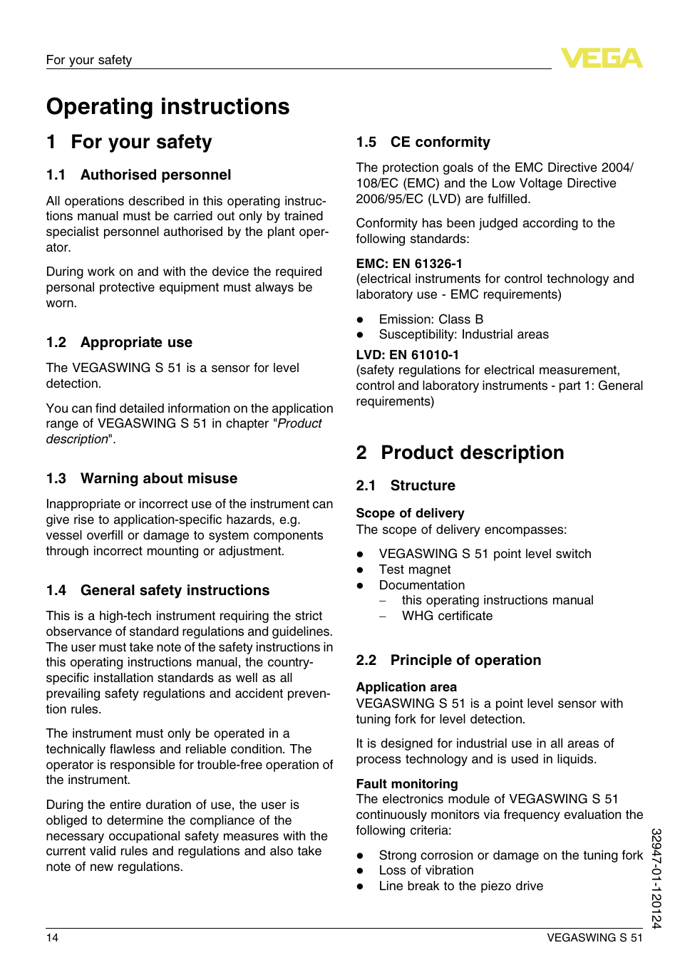 1 for your safety, 1 authorised personnel, 2 appropriate use | 3 warning about misuse, 4 general safety instructions, 5 ce conformity, 2 product description, 1 structure, 2 principle of operation, Operating instructions | VEGA VEGASWING S 51 User Manual | Page 14 / 48