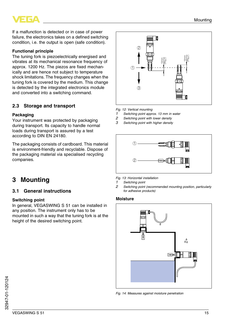 3 storage and transport, 3 mounting, 1 general instructions | 3 m ounting | VEGA VEGASWING S 51 User Manual | Page 15 / 48