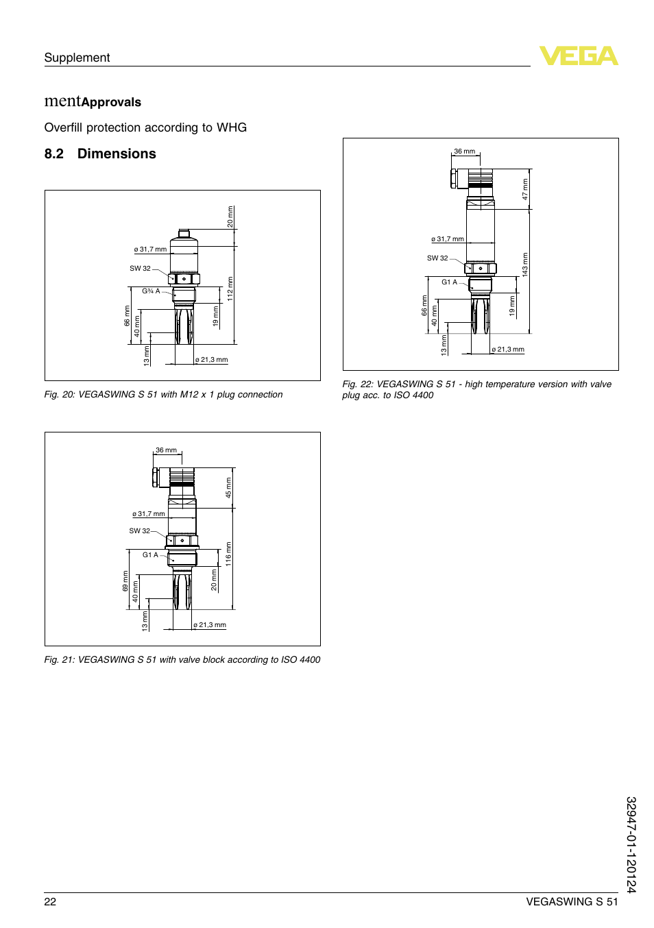 2 dimensions, Ment, Approvals overﬁll protection according to whg | VEGA VEGASWING S 51 User Manual | Page 22 / 48