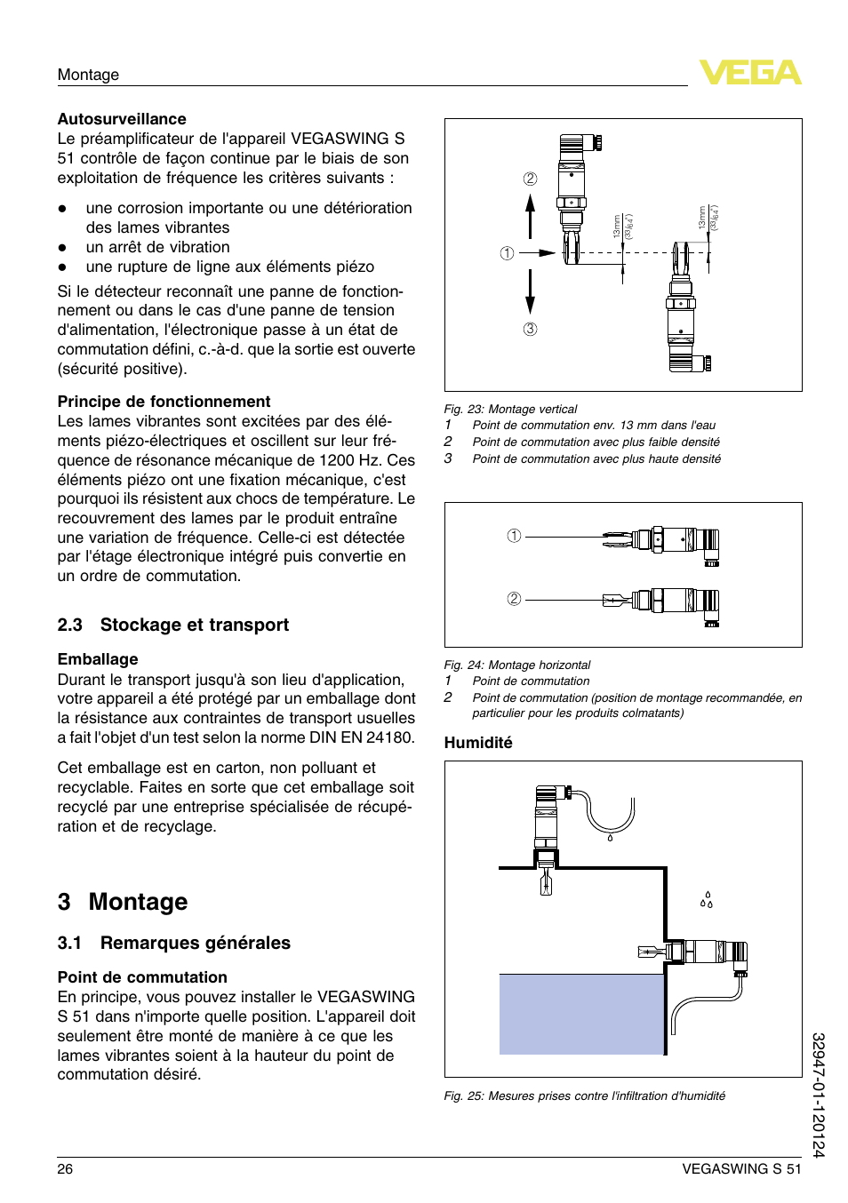 3 stockage et transport, 3 montage, 1 remarques générales | 3 m ontage | VEGA VEGASWING S 51 User Manual | Page 26 / 48