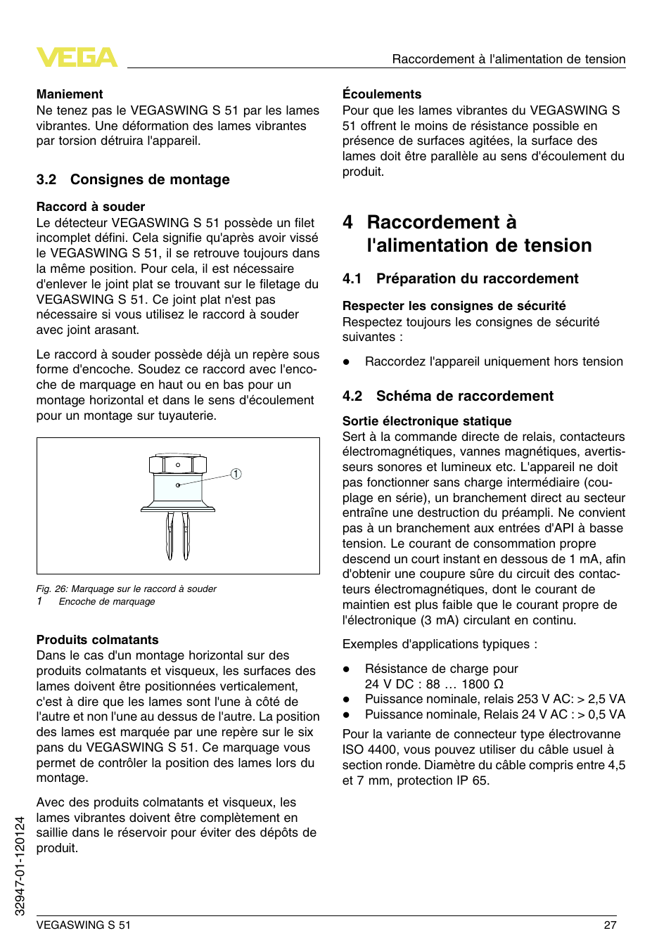 2 consignes de montage, 4 raccordement à l'alimentation de tension, 1 préparation du raccordement | 2 schéma de raccordement, 4 r accordement à l'alimentation de tension | VEGA VEGASWING S 51 User Manual | Page 27 / 48