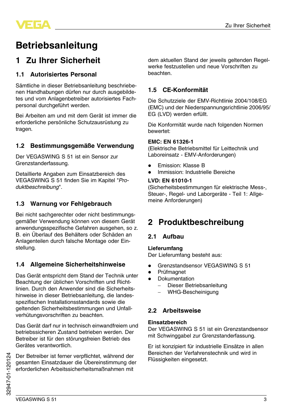 1 zu ihrer sicherheit, 1 autorisiertes personal, 2 bestimmungsgemäße verwendung | 3 warnung vor fehlgebrauch, 4 allgemeine sicherheitshinweise, 5 ce–konformität, 2 produktbeschreibung, 1 aufbau, 2 arbeitsweise, Betriebsanleitung | VEGA VEGASWING S 51 User Manual | Page 3 / 48