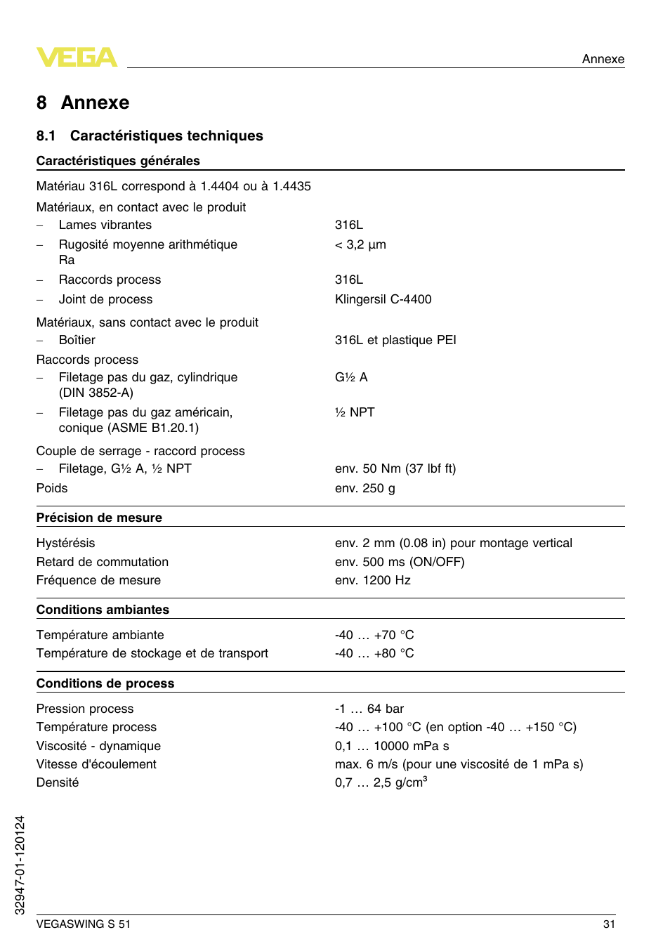 8 annexe, 1 caractéristiques techniques, 8 a nnexe | VEGA VEGASWING S 51 User Manual | Page 31 / 48