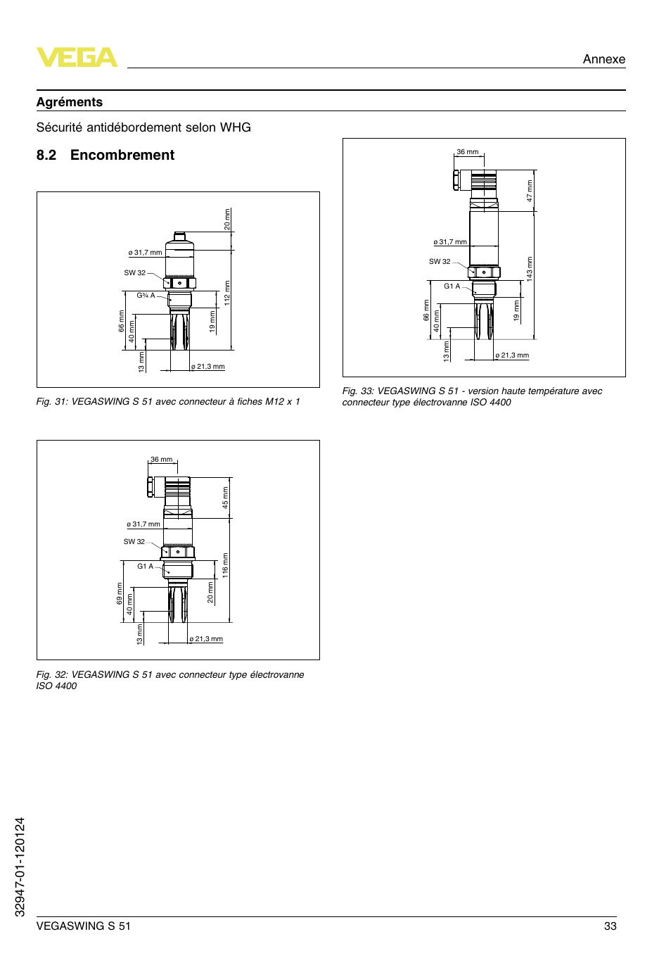 2 encombrement, Agréments sécurité antidébordement selon whg | VEGA VEGASWING S 51 User Manual | Page 33 / 48