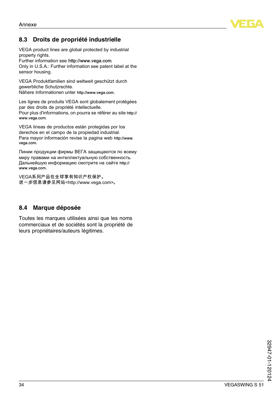 3 droits de propriété industrielle, 4 marque déposée | VEGA VEGASWING S 51 User Manual | Page 34 / 48