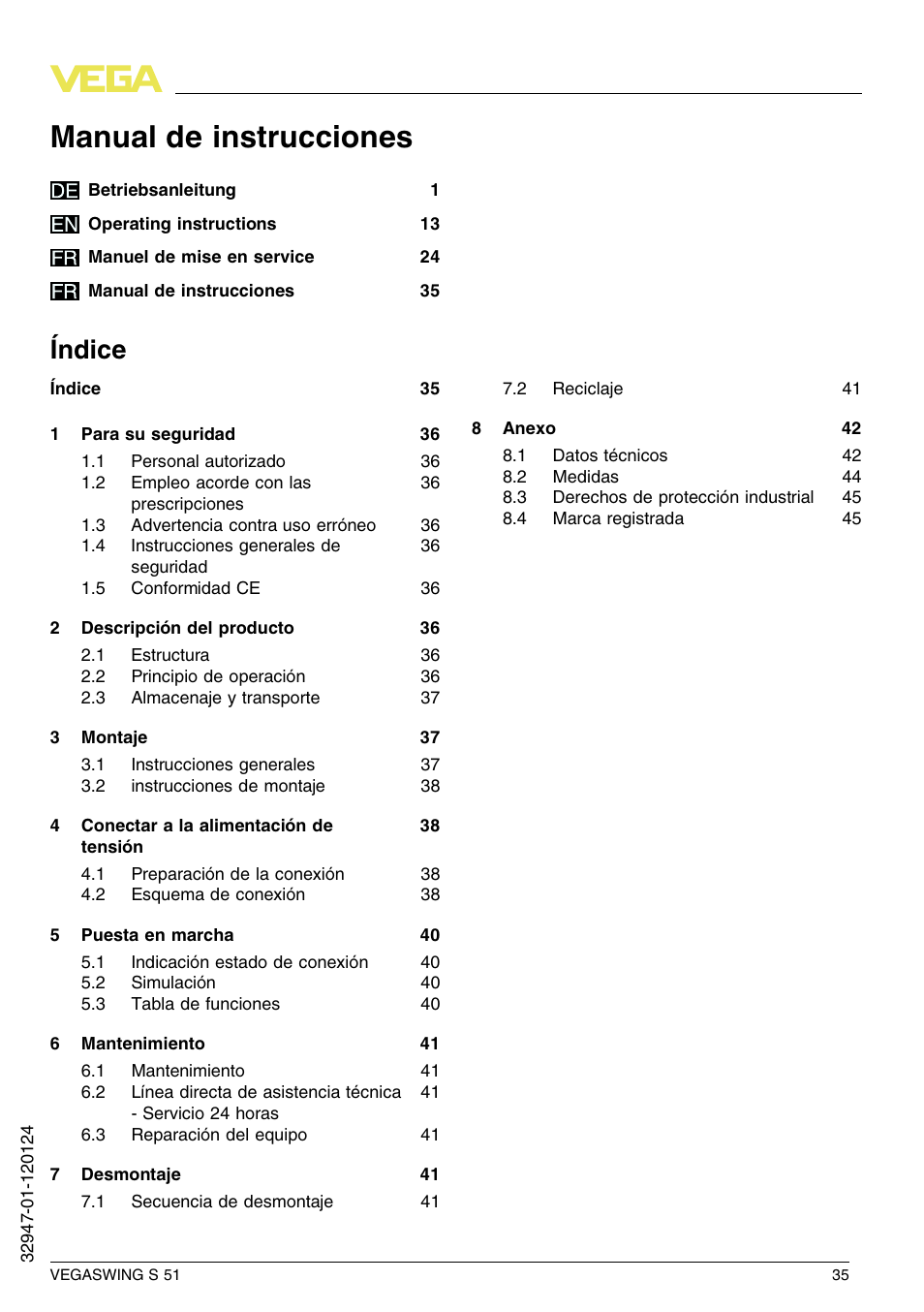 Índice, Manual de instrucciones | VEGA VEGASWING S 51 User Manual | Page 35 / 48