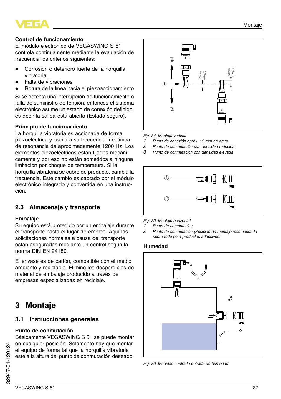 3 almacenaje y transporte, 3 montaje, 1 instrucciones generales | 3 m ontaje | VEGA VEGASWING S 51 User Manual | Page 37 / 48