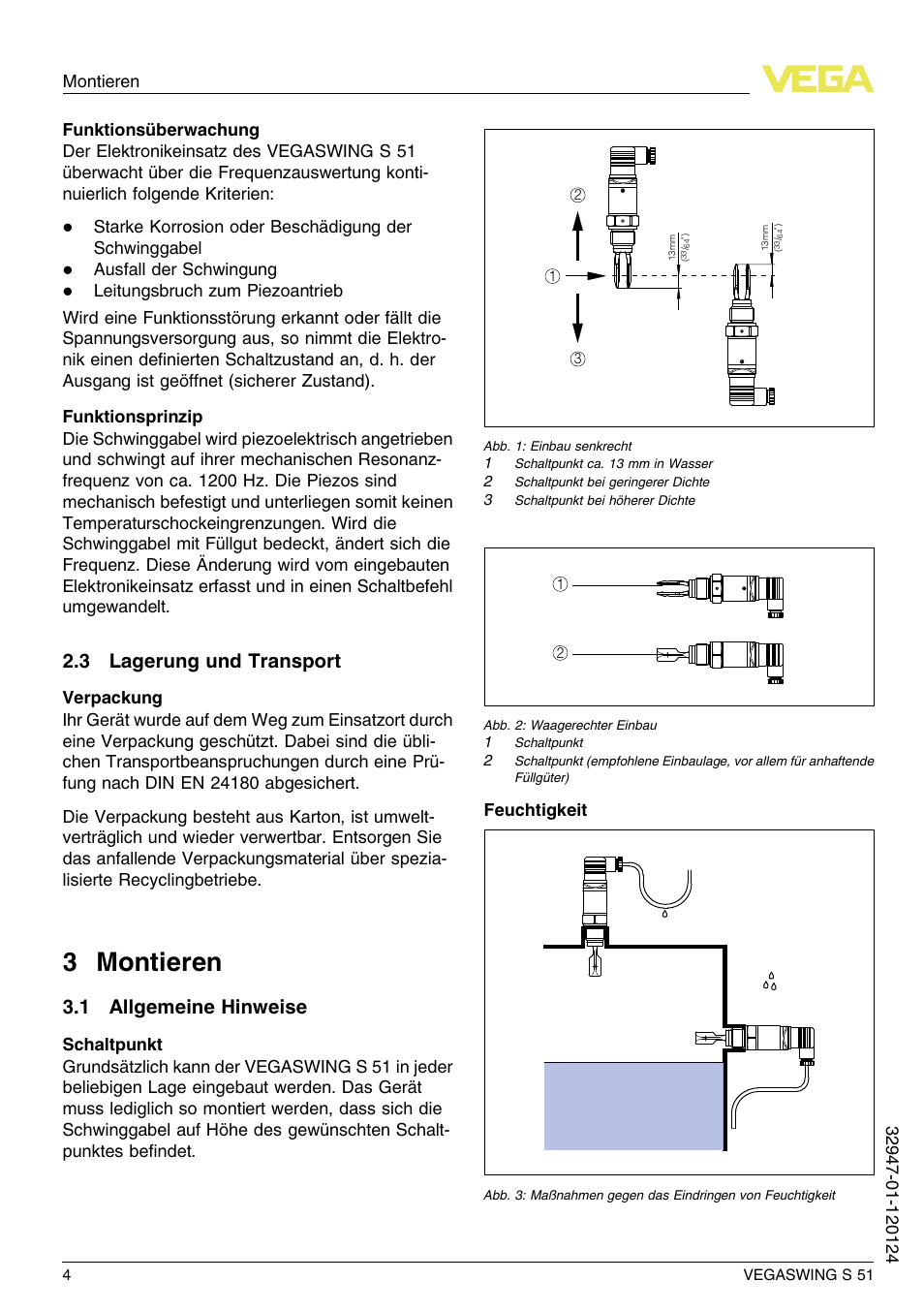 3 lagerung und transport, 3 montieren, 1 allgemeine hinweise | 3 m ontieren | VEGA VEGASWING S 51 User Manual | Page 4 / 48