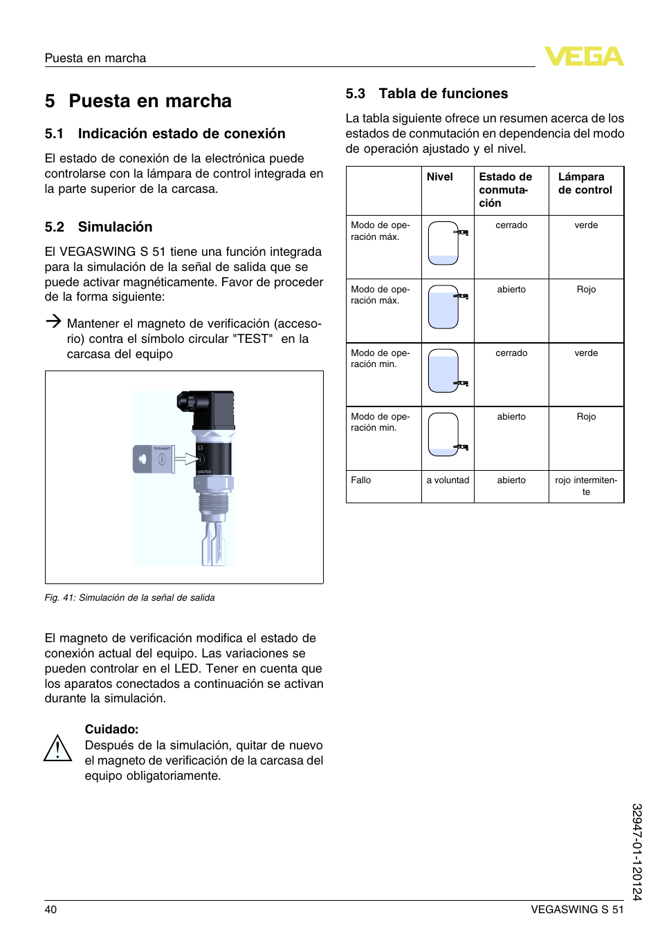 5 puesta en marcha, 1 indicación estado de conexión, 2 simulación | 3 tabla de funciones, 5 p uesta en marcha | VEGA VEGASWING S 51 User Manual | Page 40 / 48