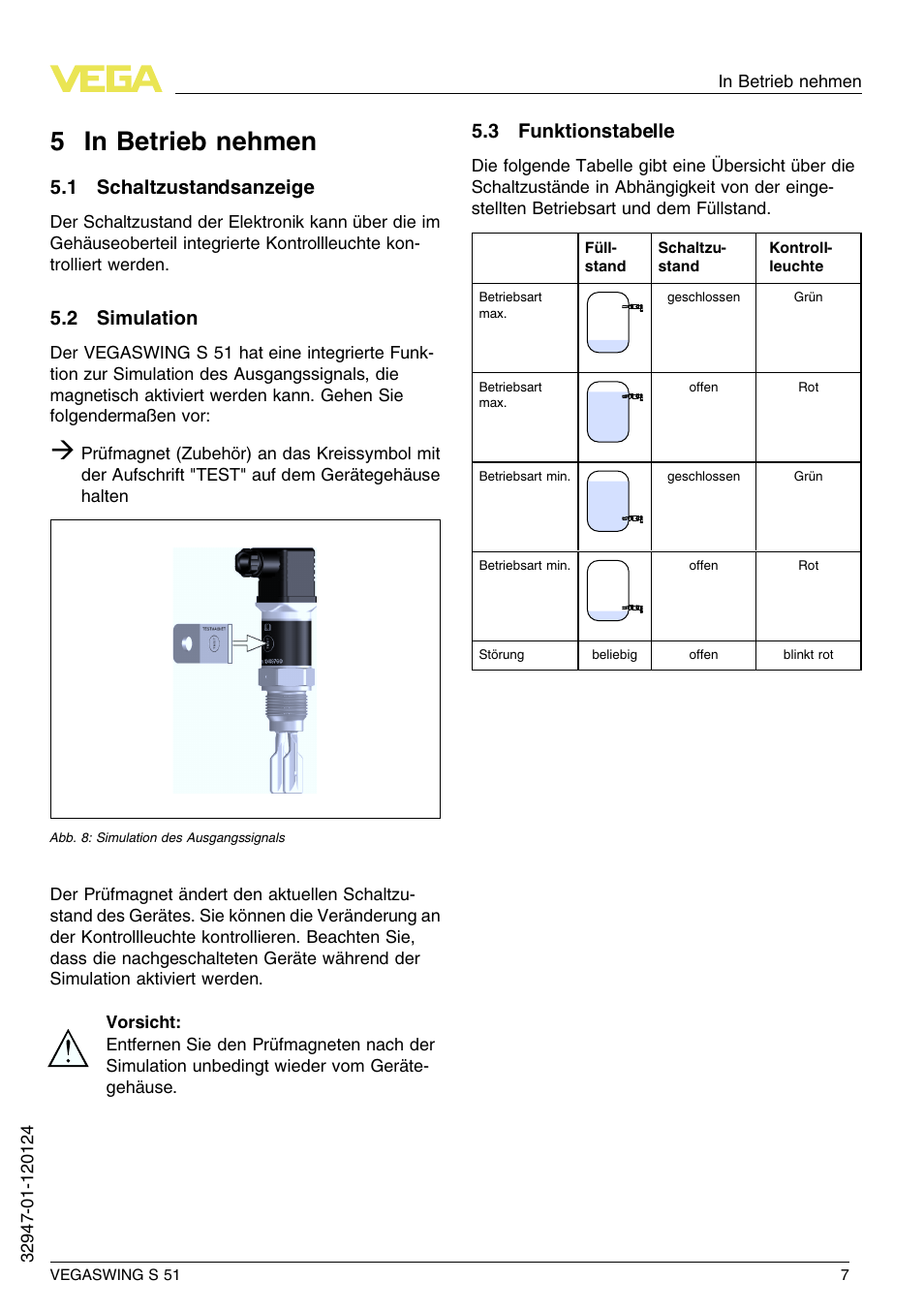 5 in betrieb nehmen, 1 schaltzustandsanzeige, 2 simulation | 3 funktionstabelle, 5 i n betrieb nehmen | VEGA VEGASWING S 51 User Manual | Page 7 / 48