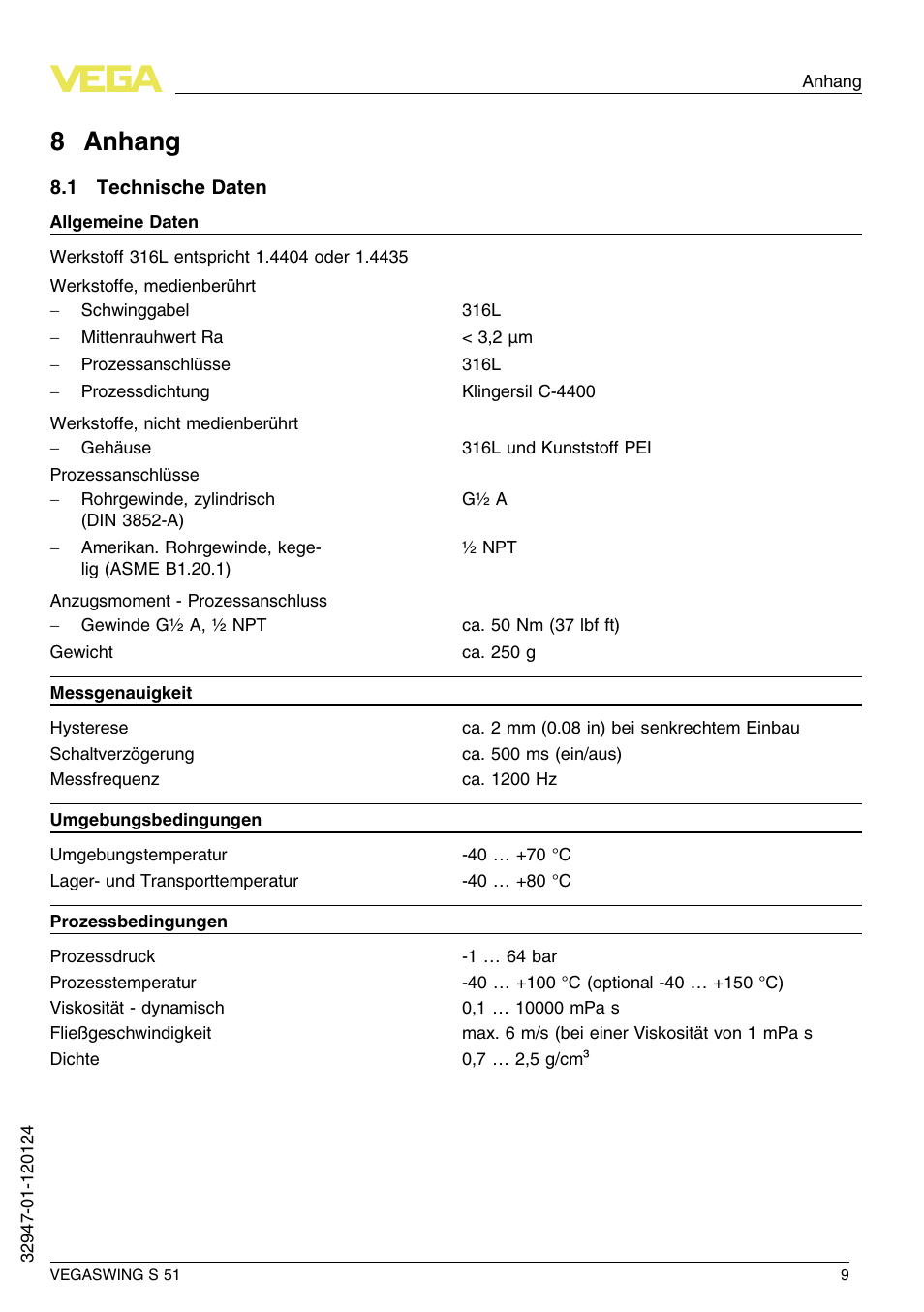 8 anhang, 1 technische daten, 8 a nhang | VEGA VEGASWING S 51 User Manual | Page 9 / 48