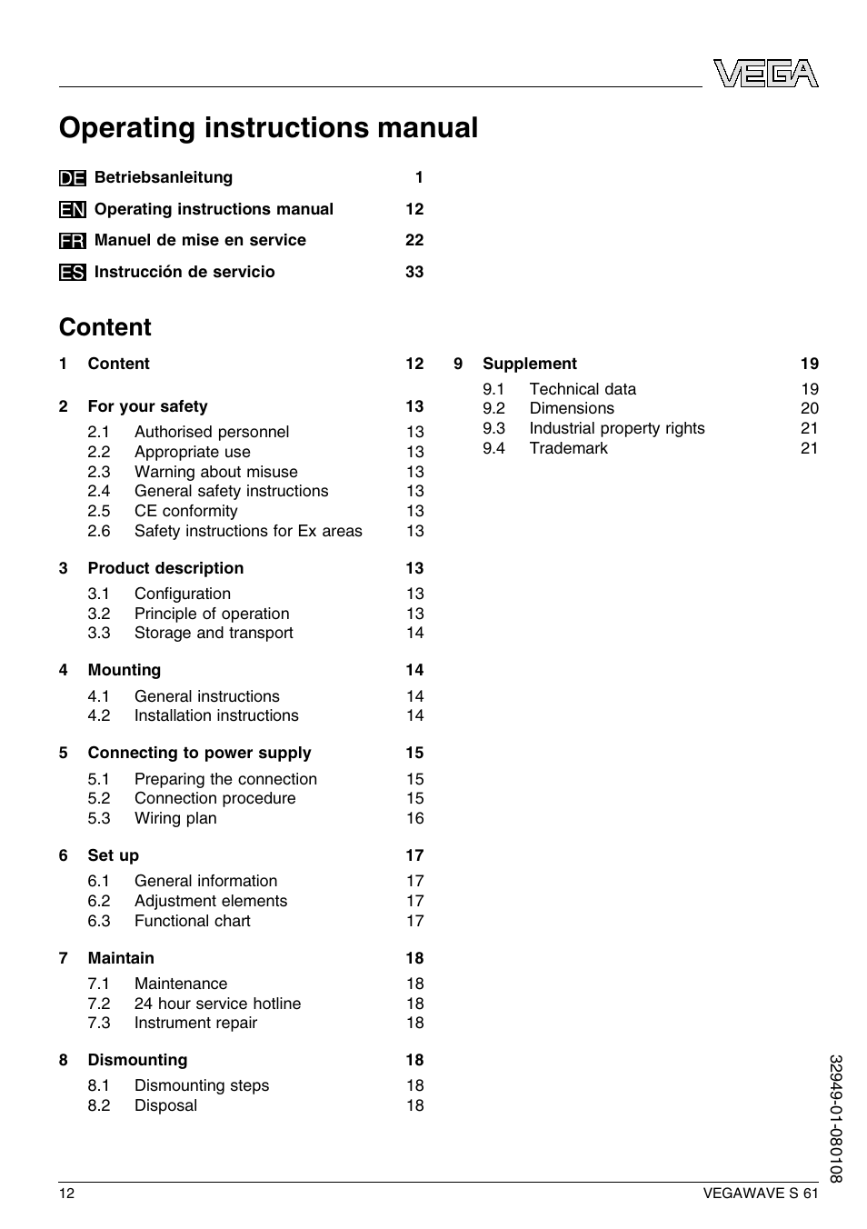 Content, Operating instructions manual | VEGA VEGAWAVE S 61 User Manual | Page 12 / 48
