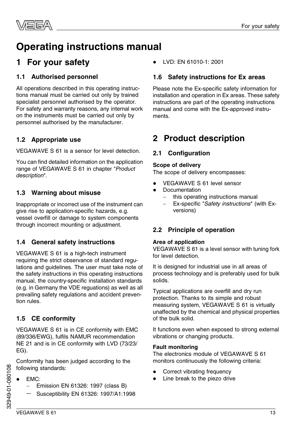 1 for your safety, 1 authorised personnel, 2 appropriate use | 3 warning about misuse, 4 general safety instructions, 5 ce conformity, 6 safety instructions for ex areas, 2 product description, 1 configuration, 2 principle of operation | VEGA VEGAWAVE S 61 User Manual | Page 13 / 48