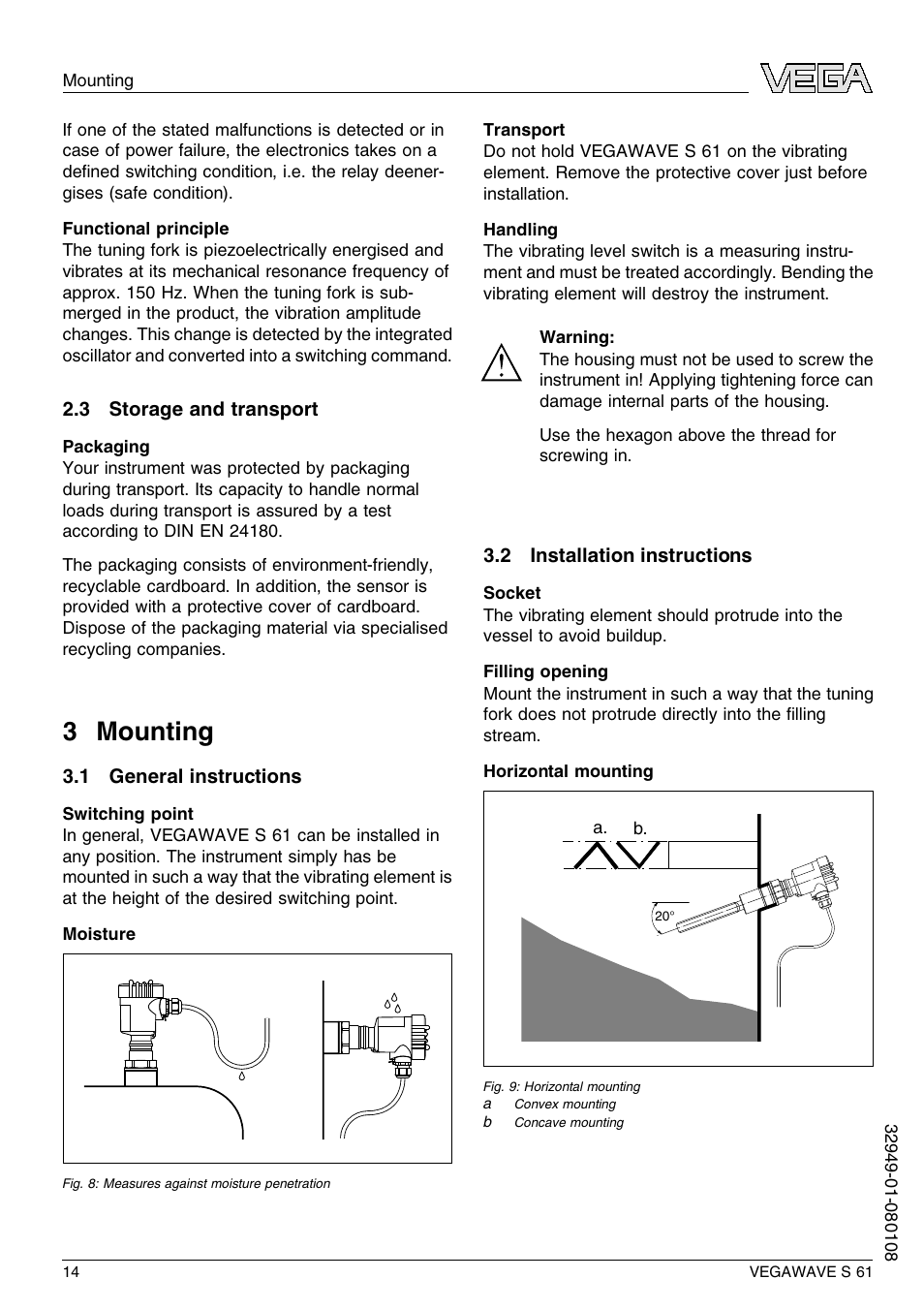 3 storage and transport, 3 mounting, 1 general instructions | 2 installation instructions, 3 m ounting | VEGA VEGAWAVE S 61 User Manual | Page 14 / 48