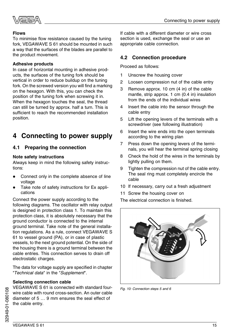 4 connecting to power supply, 1 preparing the connection, 2 connection procedure | 4 c onnecting to power supply | VEGA VEGAWAVE S 61 User Manual | Page 15 / 48
