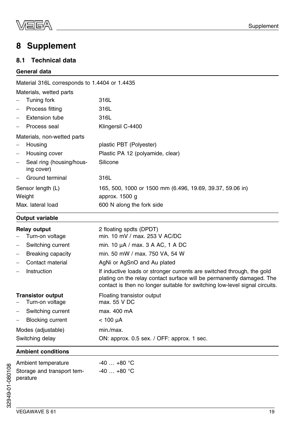 8 supplement, 1 technical data, 8 s upplement | VEGA VEGAWAVE S 61 User Manual | Page 19 / 48