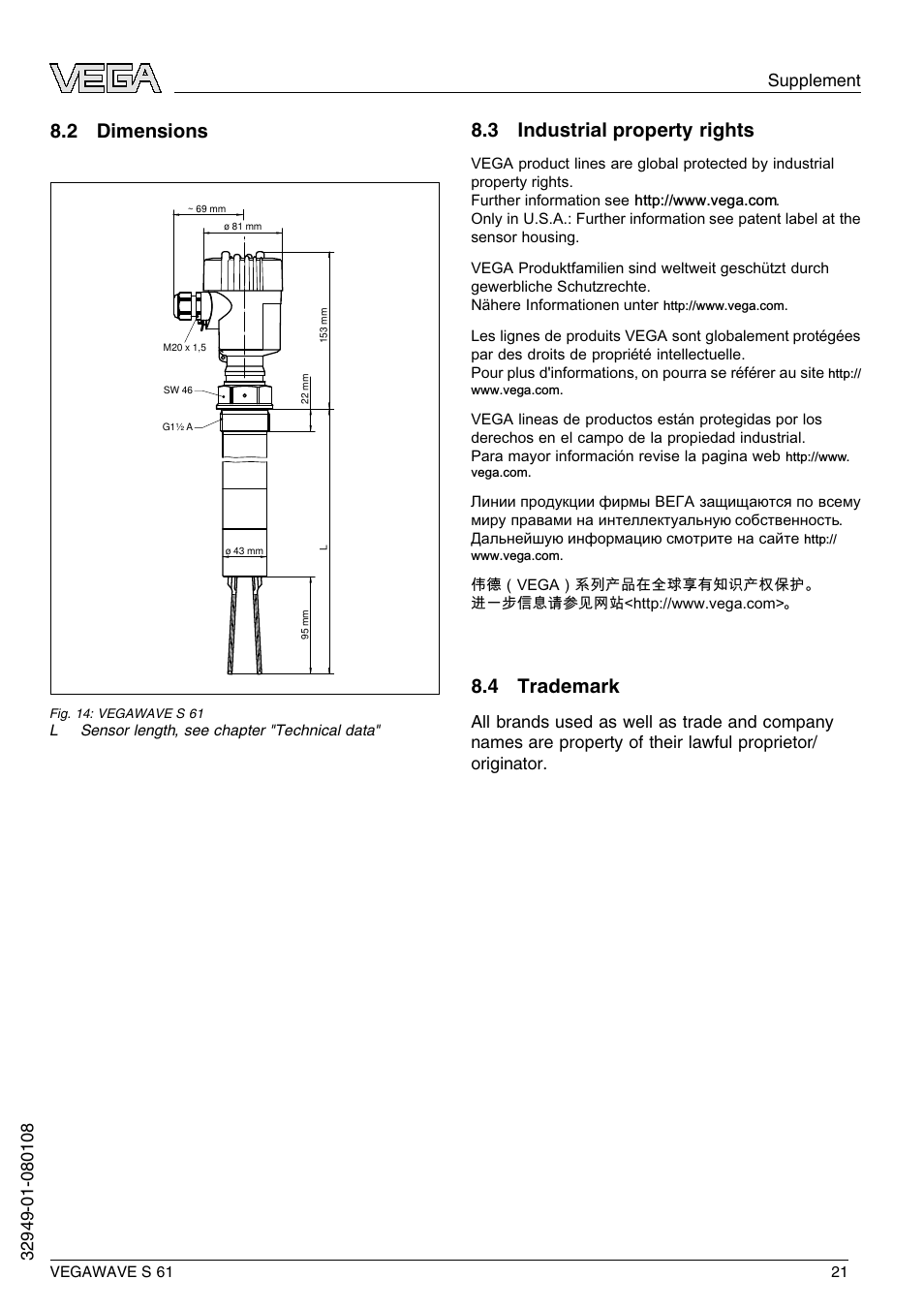 2 dimensions, 3 industrial property rights, 4 trademark | VEGA VEGAWAVE S 61 User Manual | Page 21 / 48