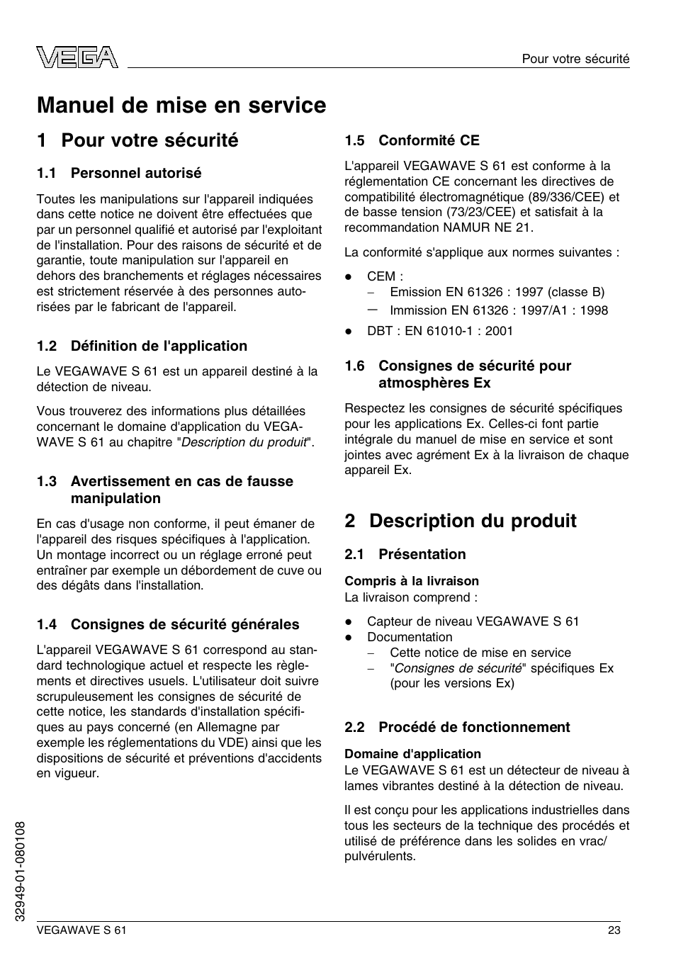 1 pour votre sécurité, 1 personnel autorisé, 2 définition de l'application | 3 avertissement en cas de fausse manipulation, 4 consignes de sécurité générales, 5 conformité ce, 6 consignes de sécurité pour atmosphères ex, 2 description du produit, 1 présentation, 2 procédé de fonctionnement | VEGA VEGAWAVE S 61 User Manual | Page 23 / 48