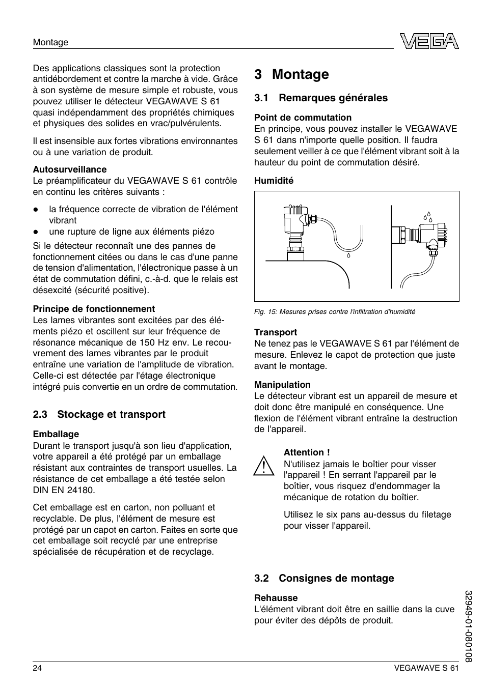 3 stockage et transport, 3 montage, 1 remarques générales | 2 consignes de montage, 3 m ontage | VEGA VEGAWAVE S 61 User Manual | Page 24 / 48
