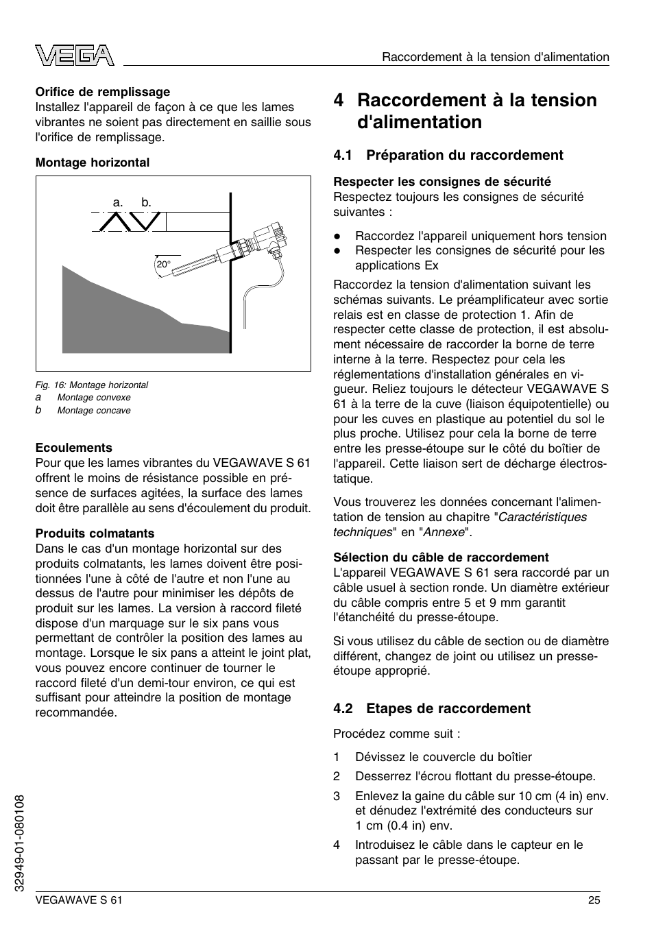 4 raccordement à la tension d'alimentation, 1 préparation du raccordement, 2 etapes de raccordement | 4 r accordement à la tension d'alimentation | VEGA VEGAWAVE S 61 User Manual | Page 25 / 48