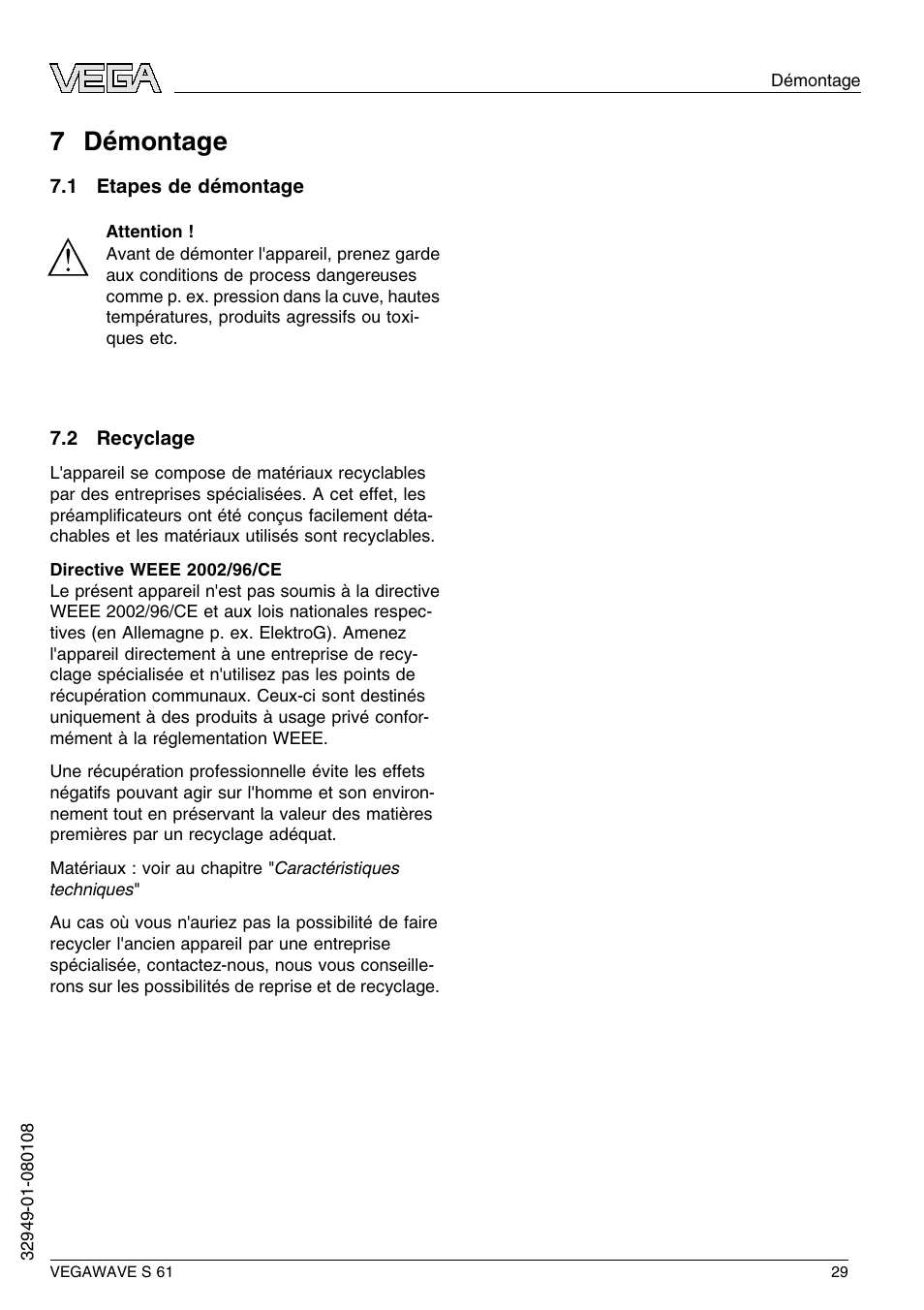 7 démontage, 1 etapes de démontage, 2 recyclage | 7 d émontage | VEGA VEGAWAVE S 61 User Manual | Page 29 / 48