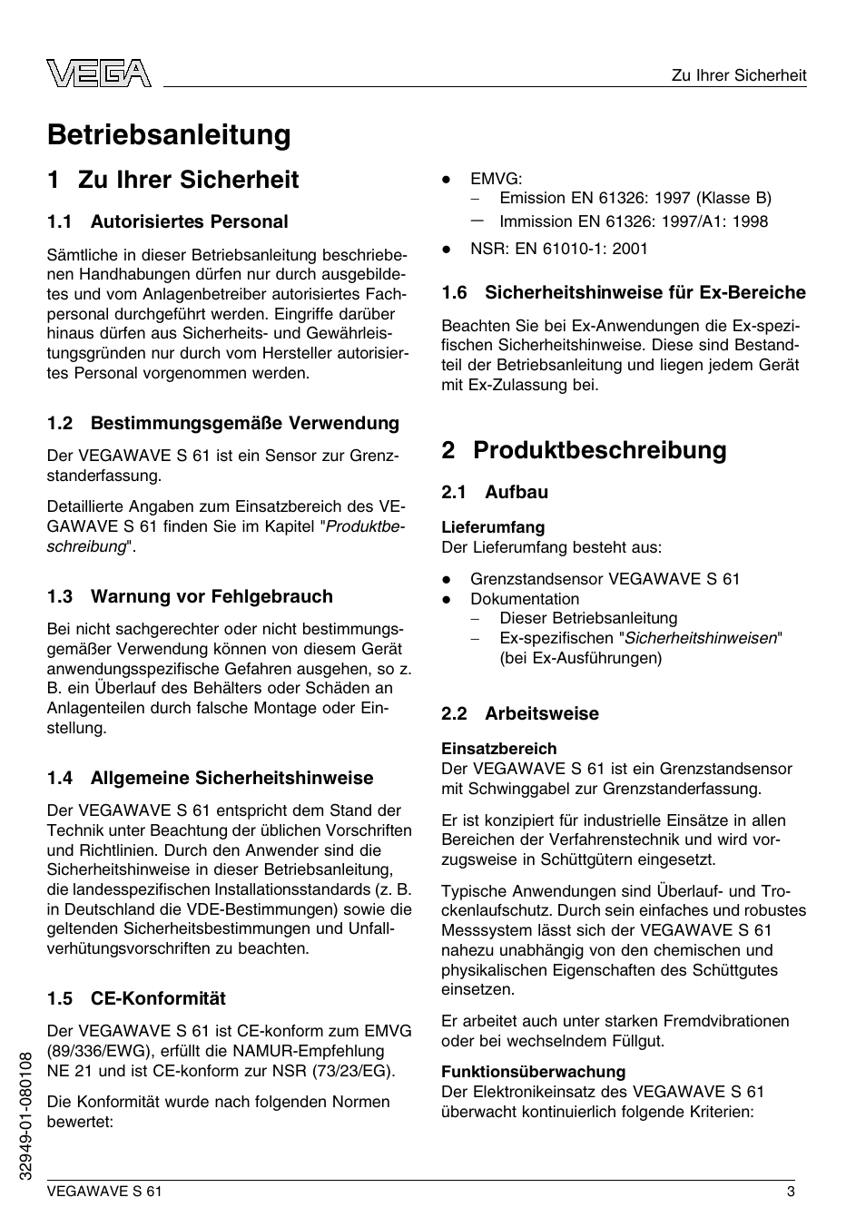 1 zu ihrer sicherheit, 1 autorisiertes personal, 2 bestimmungsgemäße verwendung | 3 warnung vor fehlgebrauch, 4 allgemeine sicherheitshinweise, 5 ce–konformität, 6 sicherheitshinweise für ex–bereiche, 2 produktbeschreibung, 1 aufbau, 2 arbeitsweise | VEGA VEGAWAVE S 61 User Manual | Page 3 / 48