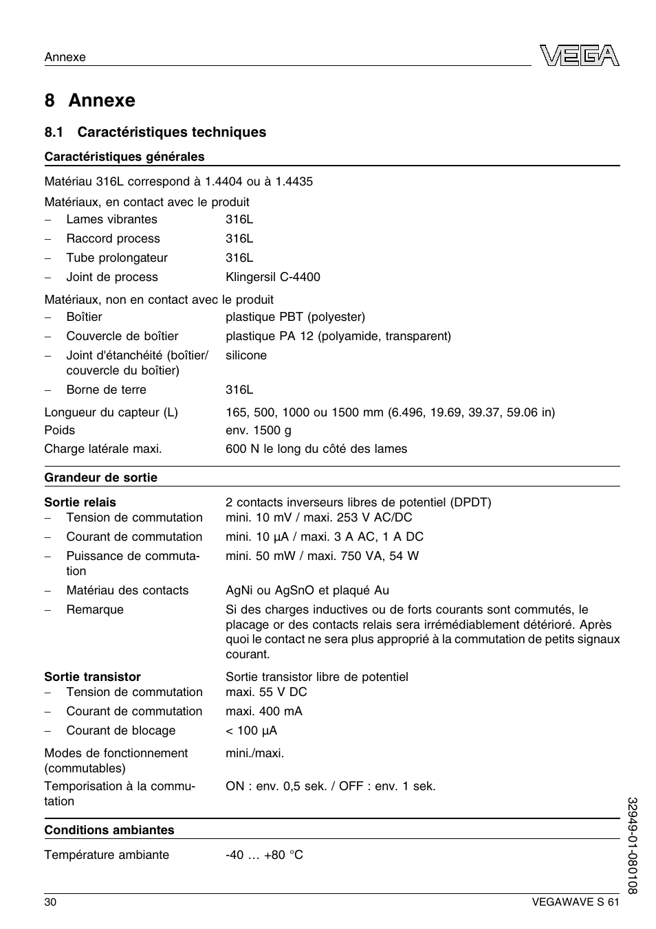 8 annexe, 1 caractéristiques techniques, 8 a nnexe | VEGA VEGAWAVE S 61 User Manual | Page 30 / 48