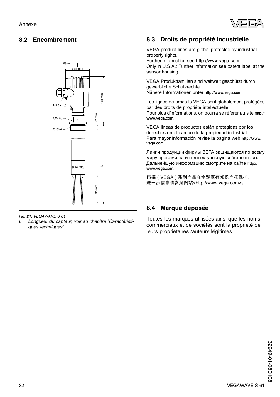 2 encombrement, 3 droits de propriété industrielle, 4 marque déposée | VEGA VEGAWAVE S 61 User Manual | Page 32 / 48
