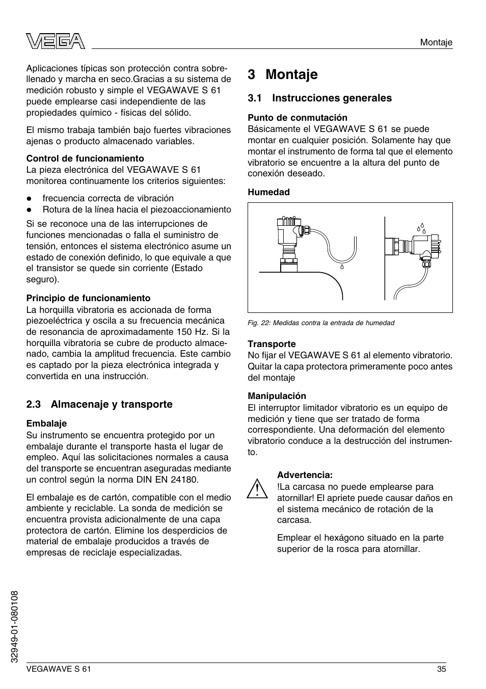 3 almacenaje y transporte, 3 montaje, 1 instrucciones generales | 3 m ontaje | VEGA VEGAWAVE S 61 User Manual | Page 35 / 48