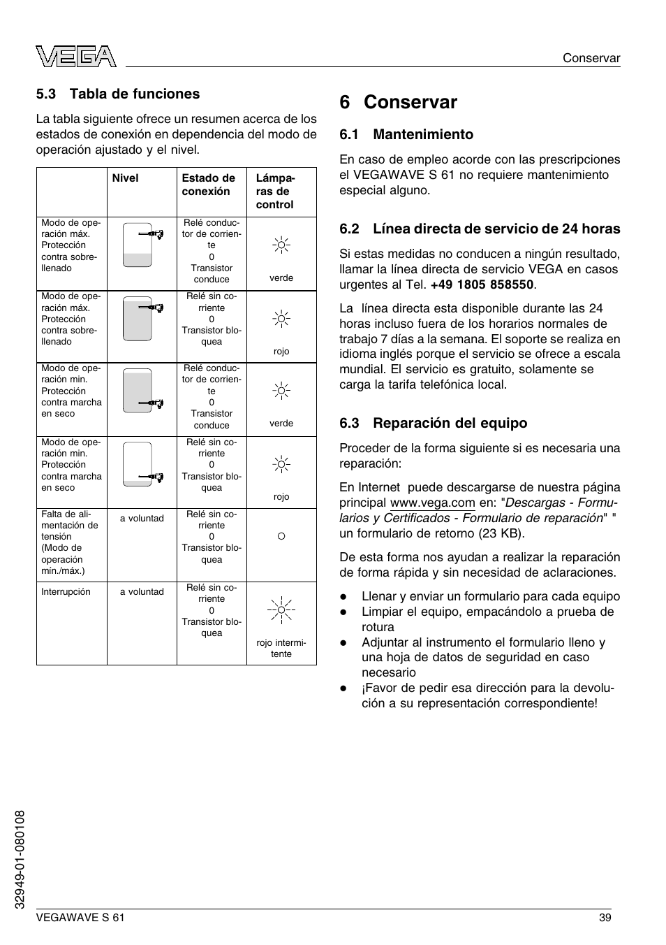 3 tabla de funciones, 6 conservar, 1 mantenimiento | 2 línea directa de servicio de 24 horas, 3 reparación del equipo, 6 c onservar | VEGA VEGAWAVE S 61 User Manual | Page 39 / 48
