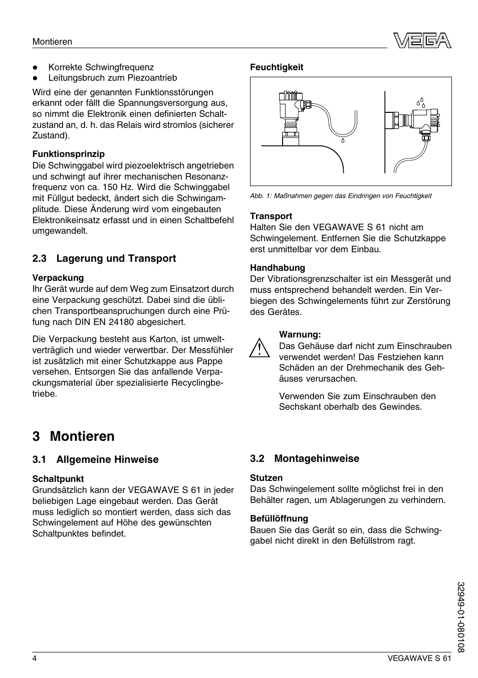 3 lagerung und transport, 3 montieren, 1 allgemeine hinweise | 2 montagehinweise, 3 m ontieren | VEGA VEGAWAVE S 61 User Manual | Page 4 / 48